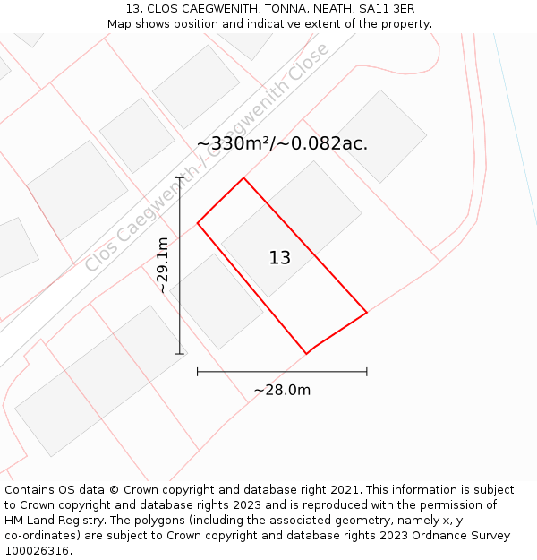 13, CLOS CAEGWENITH, TONNA, NEATH, SA11 3ER: Plot and title map