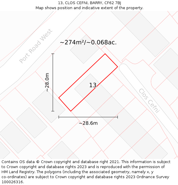 13, CLOS CEFNI, BARRY, CF62 7BJ: Plot and title map
