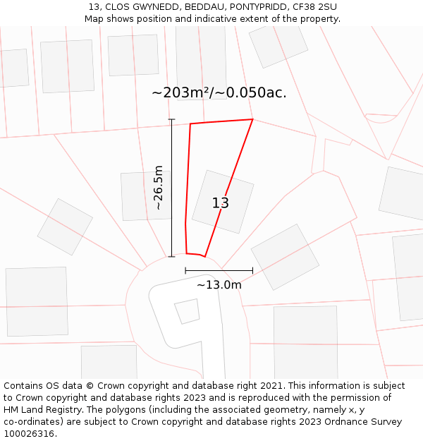 13, CLOS GWYNEDD, BEDDAU, PONTYPRIDD, CF38 2SU: Plot and title map