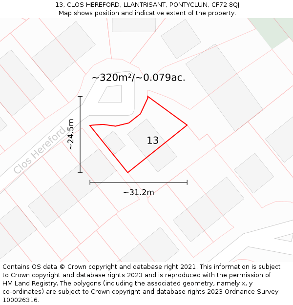 13, CLOS HEREFORD, LLANTRISANT, PONTYCLUN, CF72 8QJ: Plot and title map