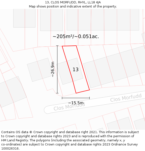 13, CLOS MORFUDD, RHYL, LL18 4JA: Plot and title map