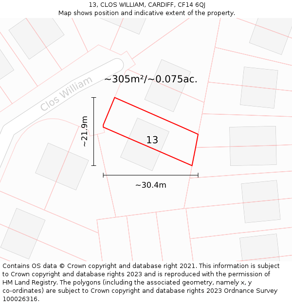 13, CLOS WILLIAM, CARDIFF, CF14 6QJ: Plot and title map