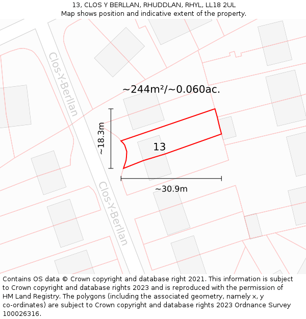 13, CLOS Y BERLLAN, RHUDDLAN, RHYL, LL18 2UL: Plot and title map