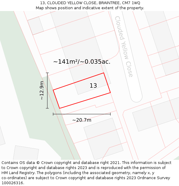 13, CLOUDED YELLOW CLOSE, BRAINTREE, CM7 1WQ: Plot and title map