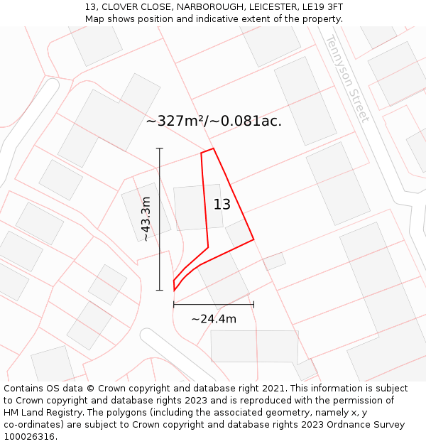 13, CLOVER CLOSE, NARBOROUGH, LEICESTER, LE19 3FT: Plot and title map
