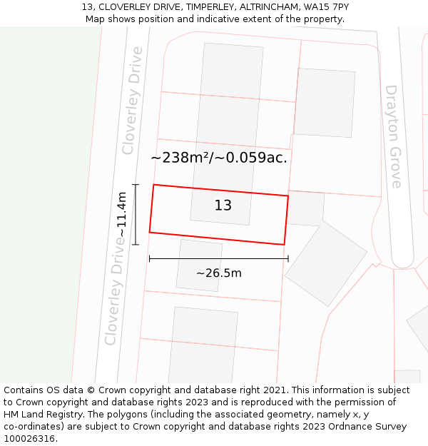 13, CLOVERLEY DRIVE, TIMPERLEY, ALTRINCHAM, WA15 7PY: Plot and title map