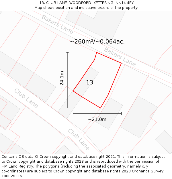 13, CLUB LANE, WOODFORD, KETTERING, NN14 4EY: Plot and title map