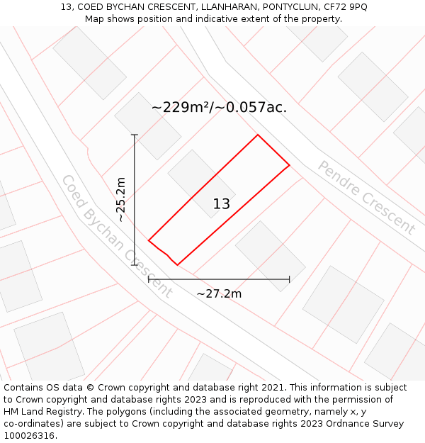 13, COED BYCHAN CRESCENT, LLANHARAN, PONTYCLUN, CF72 9PQ: Plot and title map