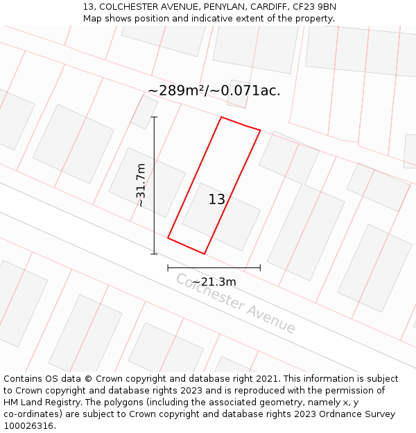 13, COLCHESTER AVENUE, PENYLAN, CARDIFF, CF23 9BN: Plot and title map