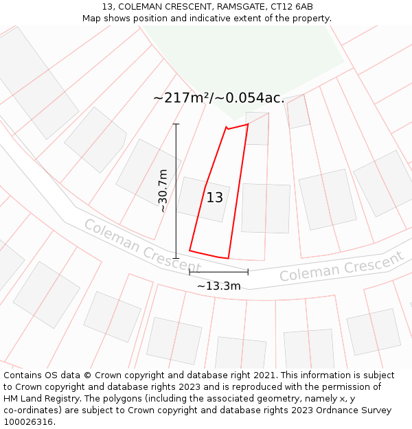 13, COLEMAN CRESCENT, RAMSGATE, CT12 6AB: Plot and title map