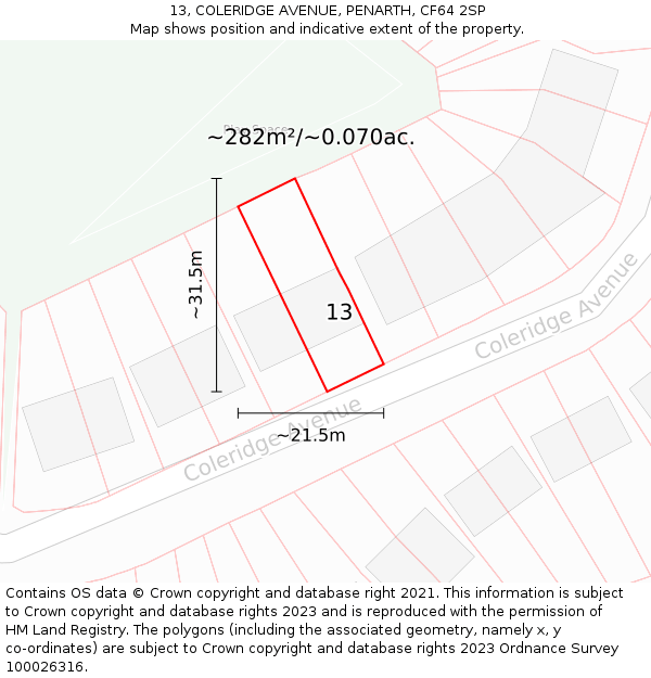 13, COLERIDGE AVENUE, PENARTH, CF64 2SP: Plot and title map