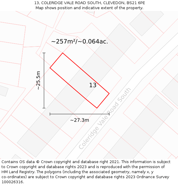 13, COLERIDGE VALE ROAD SOUTH, CLEVEDON, BS21 6PE: Plot and title map