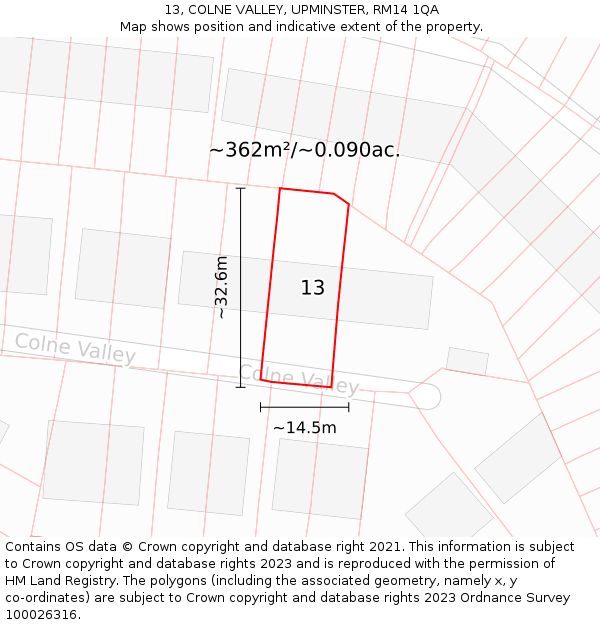 13, COLNE VALLEY, UPMINSTER, RM14 1QA: Plot and title map