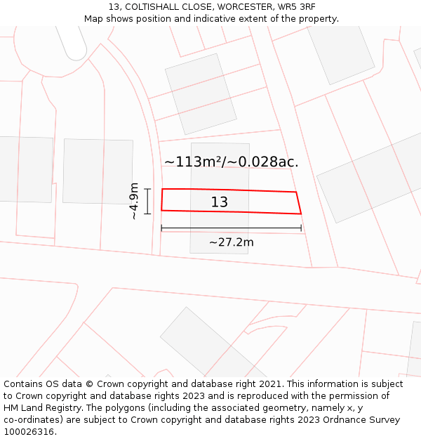 13, COLTISHALL CLOSE, WORCESTER, WR5 3RF: Plot and title map
