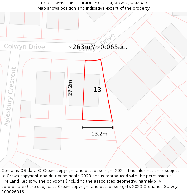 13, COLWYN DRIVE, HINDLEY GREEN, WIGAN, WN2 4TX: Plot and title map
