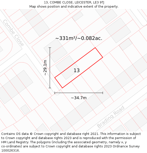 13, COMBE CLOSE, LEICESTER, LE3 9TJ: Plot and title map