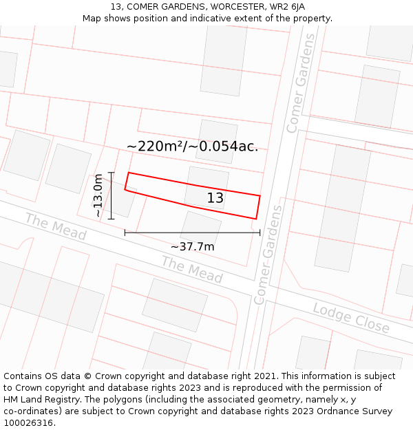 13, COMER GARDENS, WORCESTER, WR2 6JA: Plot and title map