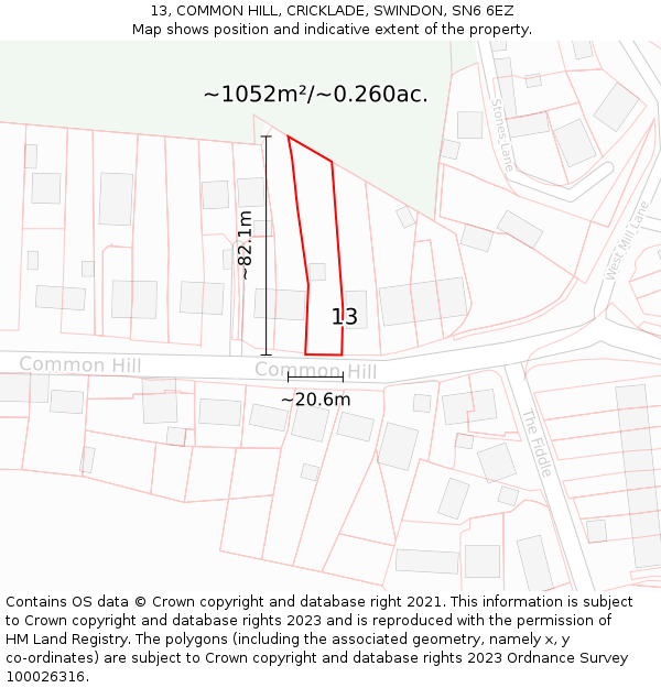 13, COMMON HILL, CRICKLADE, SWINDON, SN6 6EZ: Plot and title map