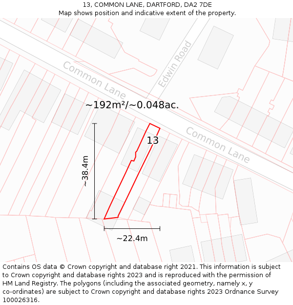 13, COMMON LANE, DARTFORD, DA2 7DE: Plot and title map