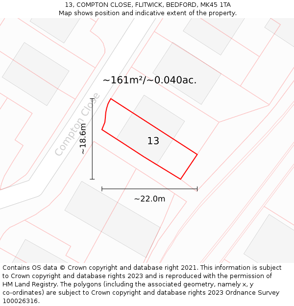13, COMPTON CLOSE, FLITWICK, BEDFORD, MK45 1TA: Plot and title map