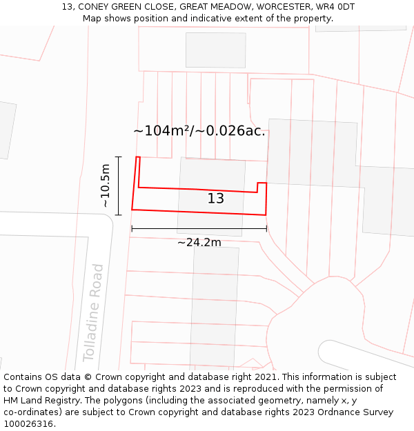13, CONEY GREEN CLOSE, GREAT MEADOW, WORCESTER, WR4 0DT: Plot and title map