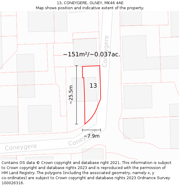 13, CONEYGERE, OLNEY, MK46 4AE: Plot and title map