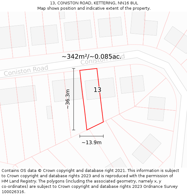 13, CONISTON ROAD, KETTERING, NN16 8UL: Plot and title map