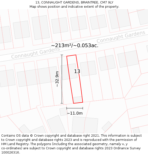 13, CONNAUGHT GARDENS, BRAINTREE, CM7 9LY: Plot and title map