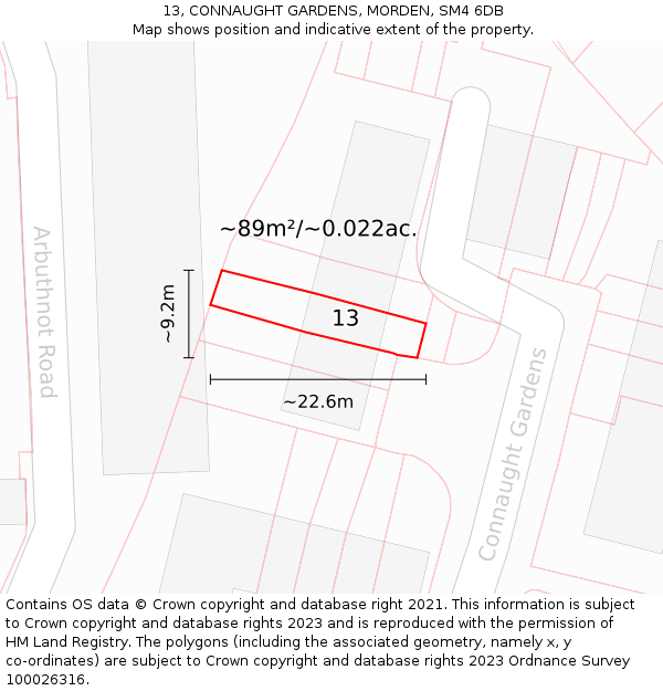 13, CONNAUGHT GARDENS, MORDEN, SM4 6DB: Plot and title map
