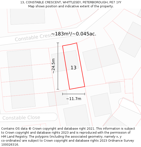 13, CONSTABLE CRESCENT, WHITTLESEY, PETERBOROUGH, PE7 1YY: Plot and title map