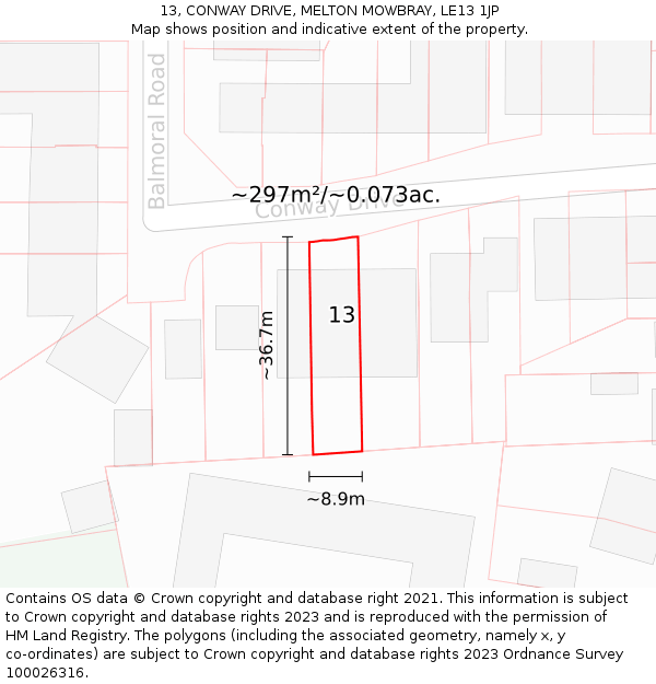 13, CONWAY DRIVE, MELTON MOWBRAY, LE13 1JP: Plot and title map
