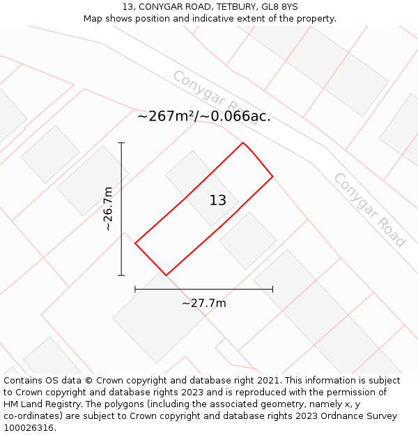 13, CONYGAR ROAD, TETBURY, GL8 8YS: Plot and title map