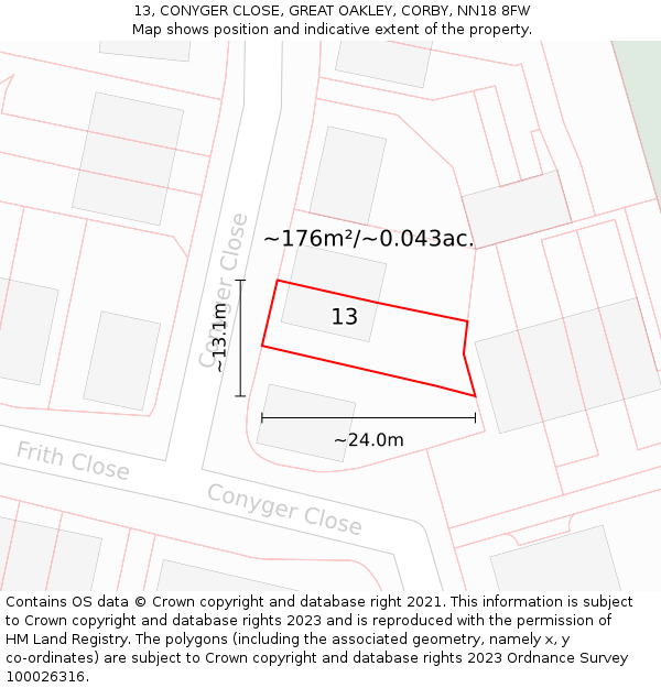 13, CONYGER CLOSE, GREAT OAKLEY, CORBY, NN18 8FW: Plot and title map