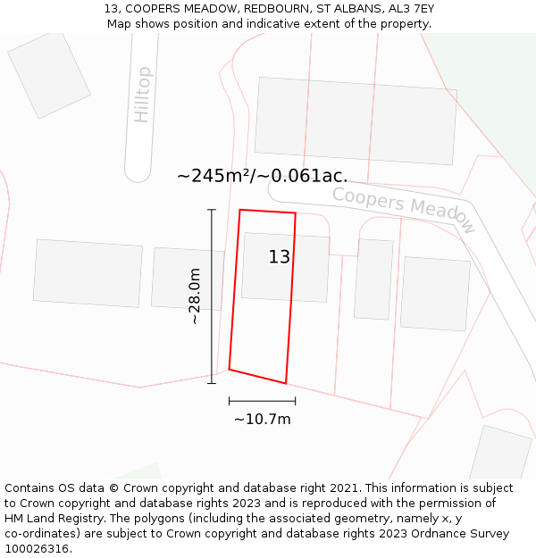 13, COOPERS MEADOW, REDBOURN, ST ALBANS, AL3 7EY: Plot and title map