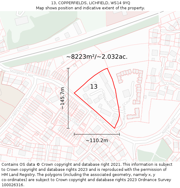13, COPPERFIELDS, LICHFIELD, WS14 9YQ: Plot and title map