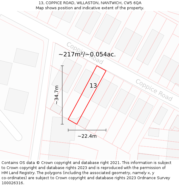 13, COPPICE ROAD, WILLASTON, NANTWICH, CW5 6QA: Plot and title map