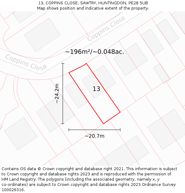 13, COPPINS CLOSE, SAWTRY, HUNTINGDON, PE28 5UB: Plot and title map