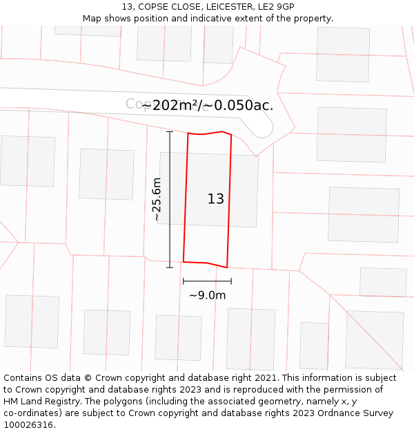13, COPSE CLOSE, LEICESTER, LE2 9GP: Plot and title map
