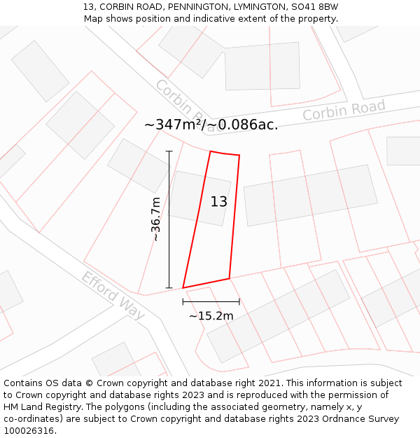 13, CORBIN ROAD, PENNINGTON, LYMINGTON, SO41 8BW: Plot and title map