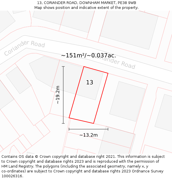 13, CORIANDER ROAD, DOWNHAM MARKET, PE38 9WB: Plot and title map