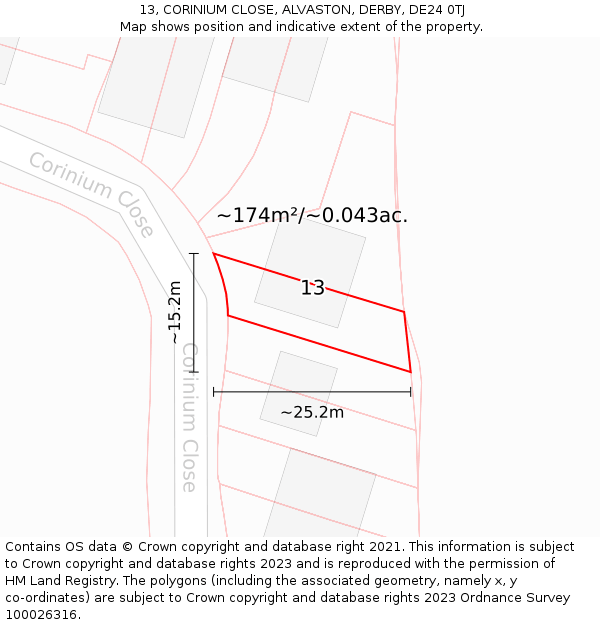 13, CORINIUM CLOSE, ALVASTON, DERBY, DE24 0TJ: Plot and title map