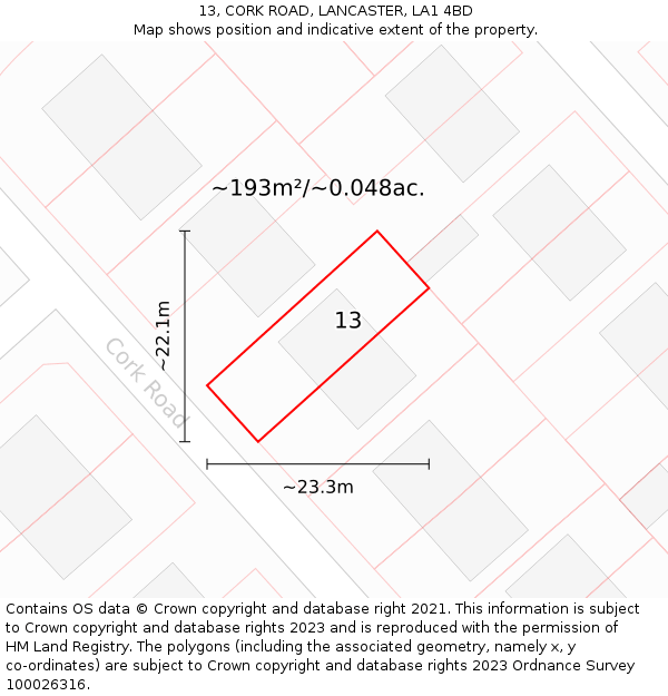 13, CORK ROAD, LANCASTER, LA1 4BD: Plot and title map