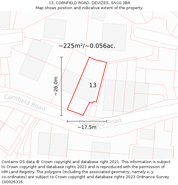 13, CORNFIELD ROAD, DEVIZES, SN10 3BA: Plot and title map
