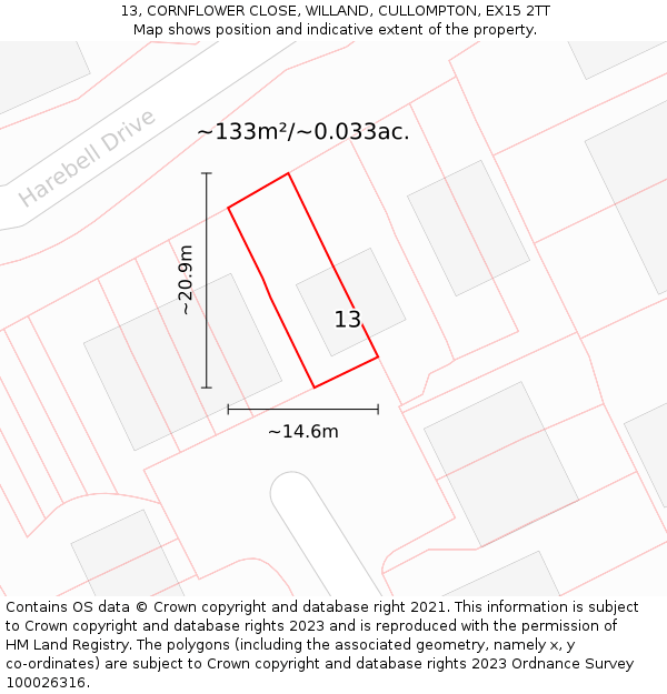 13, CORNFLOWER CLOSE, WILLAND, CULLOMPTON, EX15 2TT: Plot and title map