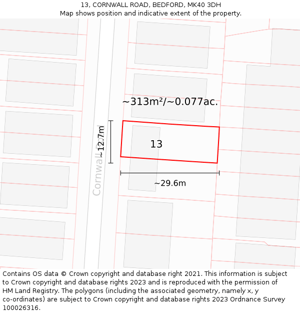 13, CORNWALL ROAD, BEDFORD, MK40 3DH: Plot and title map