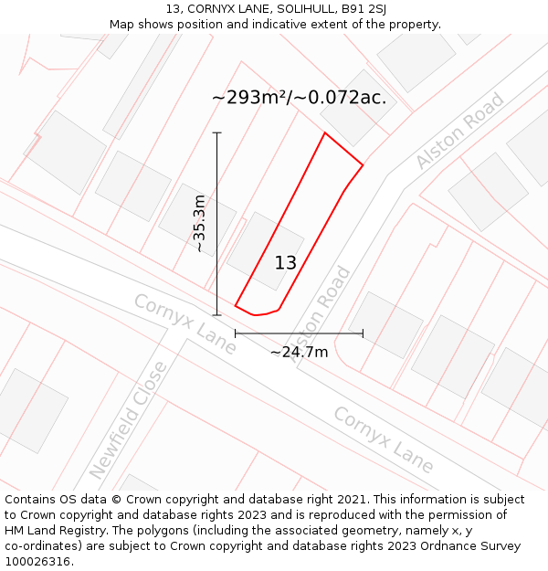13, CORNYX LANE, SOLIHULL, B91 2SJ: Plot and title map