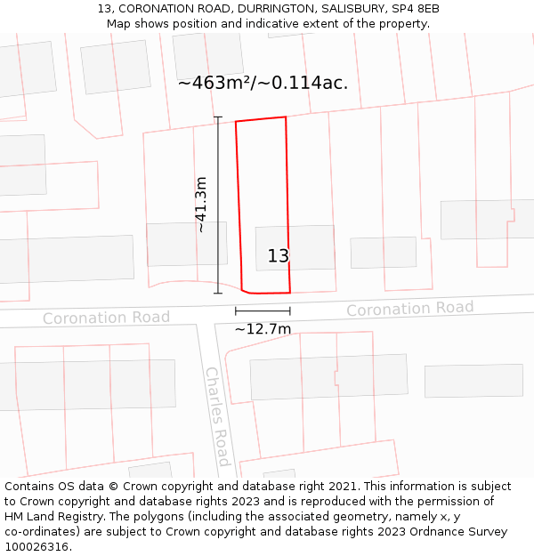 13, CORONATION ROAD, DURRINGTON, SALISBURY, SP4 8EB: Plot and title map