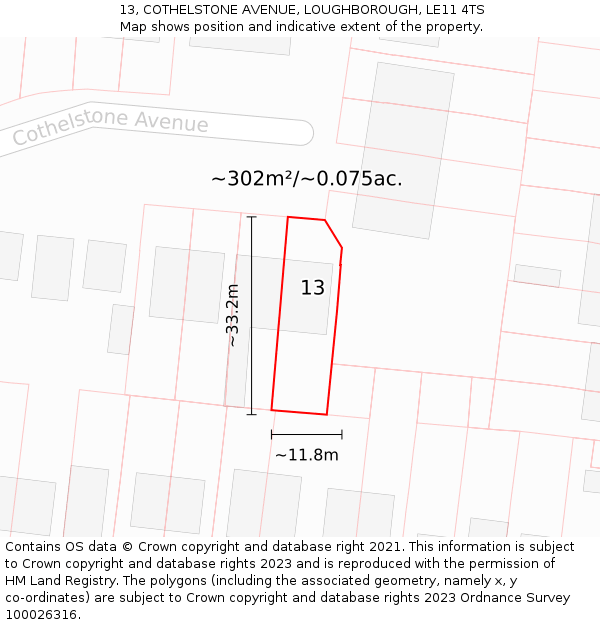 13, COTHELSTONE AVENUE, LOUGHBOROUGH, LE11 4TS: Plot and title map