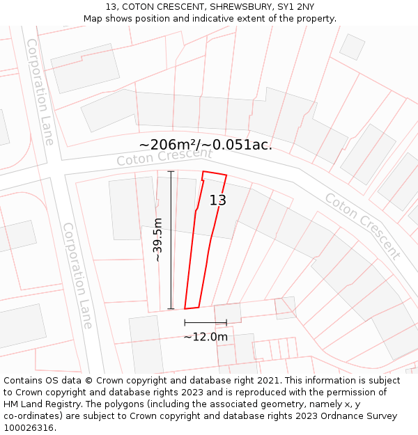 13, COTON CRESCENT, SHREWSBURY, SY1 2NY: Plot and title map