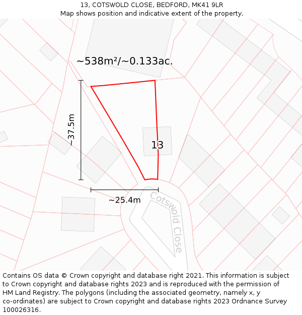 13, COTSWOLD CLOSE, BEDFORD, MK41 9LR: Plot and title map